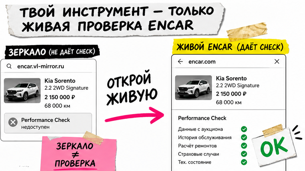 Сравнение русского зеркала и живой карточки encar.com с вкладкой Performance Check