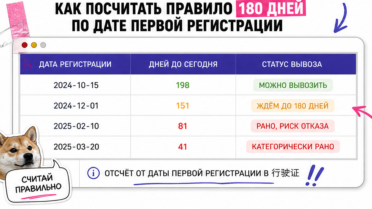 Таблица: как посчитать правило 180 дней по дате первой регистрации в китайском ПТС