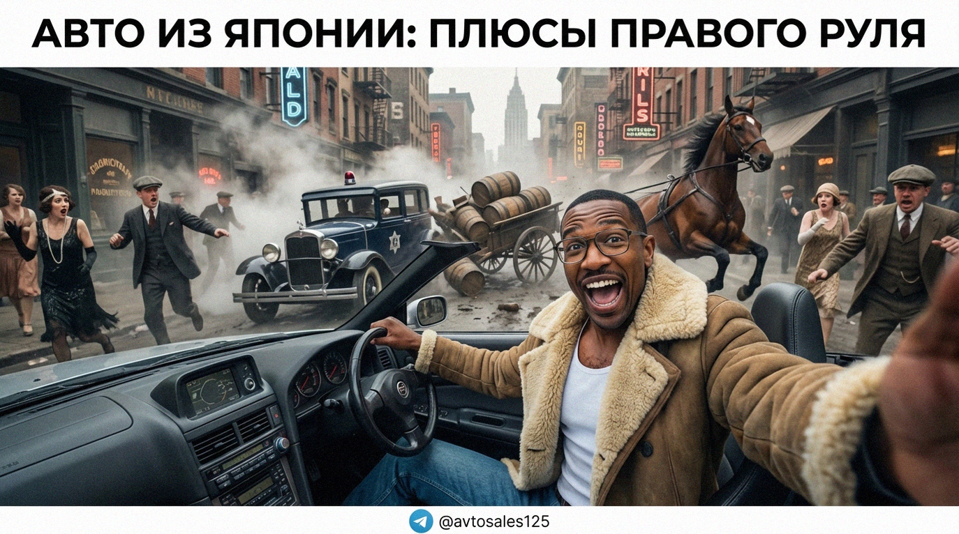 Автомобиль из Японии с правым рулем на городской улице, заказ авто