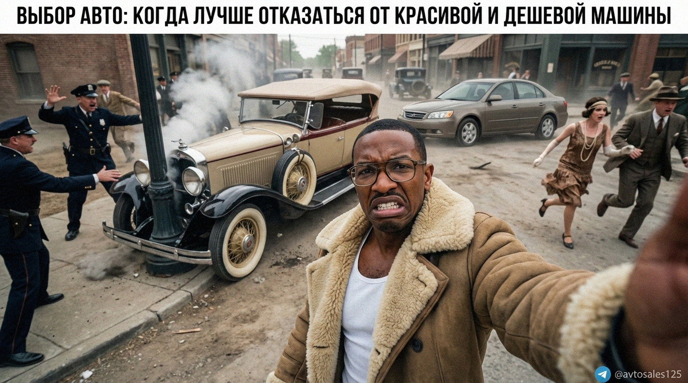 Покупатель осматривает красивую, но подозрительно дешевую машину на вторичном рынке при выборе авто
