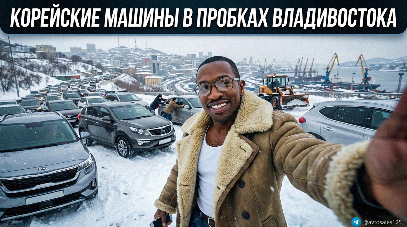 Корейские автомобили в плотном потоке машин во время пробки на улицах Владивостока