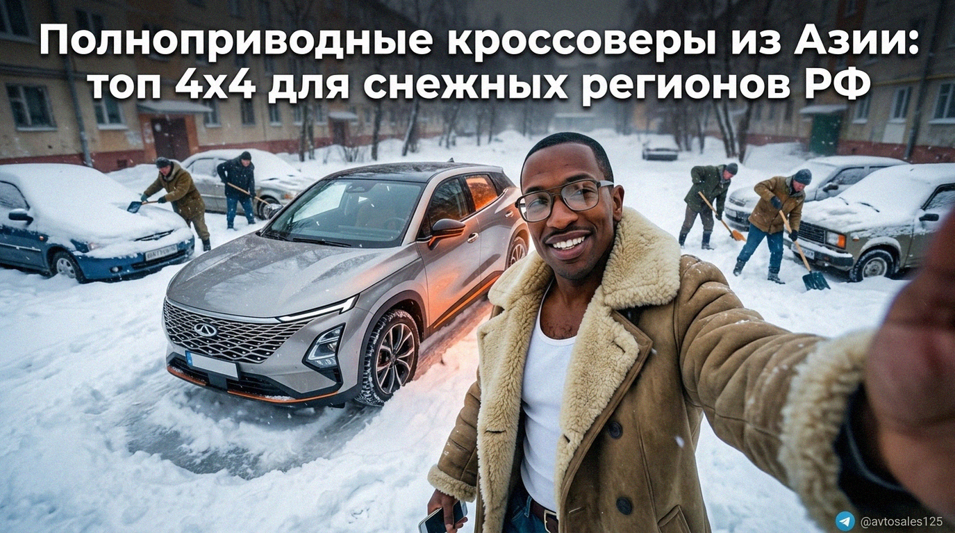 Азиатский полноприводный кроссовер 4x4 едет по заснеженной дороге зимой