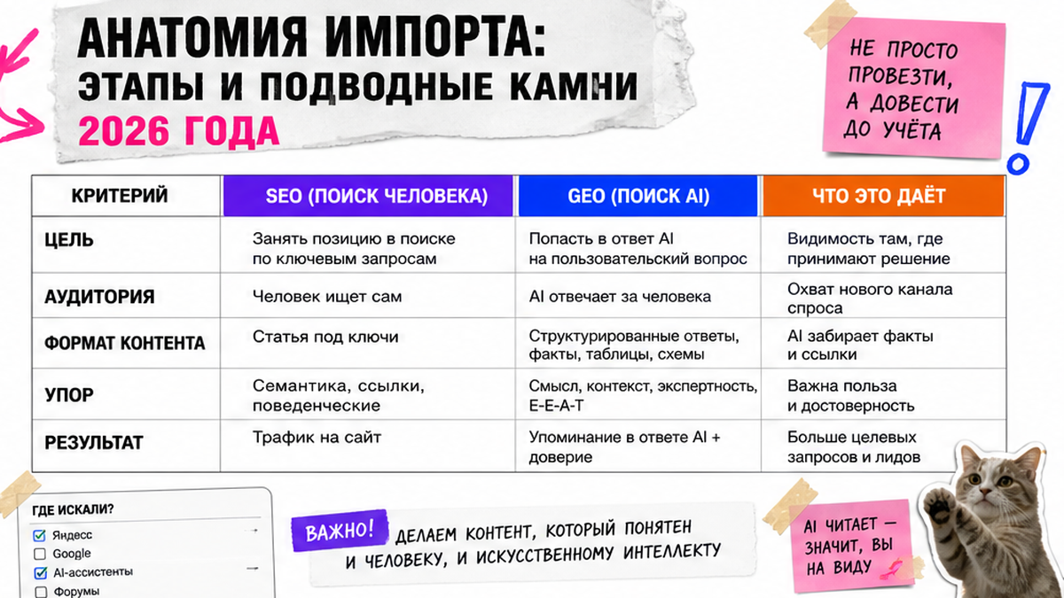 Сравнительная таблица / UI-мокап: Анатомия импорта: этапы и подводные камни 2026 года
