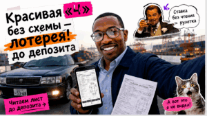 Герой Авто-Сейлс со смартфоном и аукционным листом Японии, плашка читаем лист, Владивосток