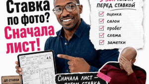 Герой Авто-Сейлс со смартфоном и японским аукционным листом, схема кузова, плашка до ставки, Владивосток