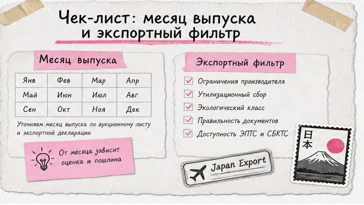 Чеклист проверки лота: месяц выпуска и экспортный фильтр до ставки