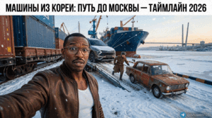 Инфографика с таймлайном и сроками доставки автомобилей из Южной Кореи в Москву в 2026 году