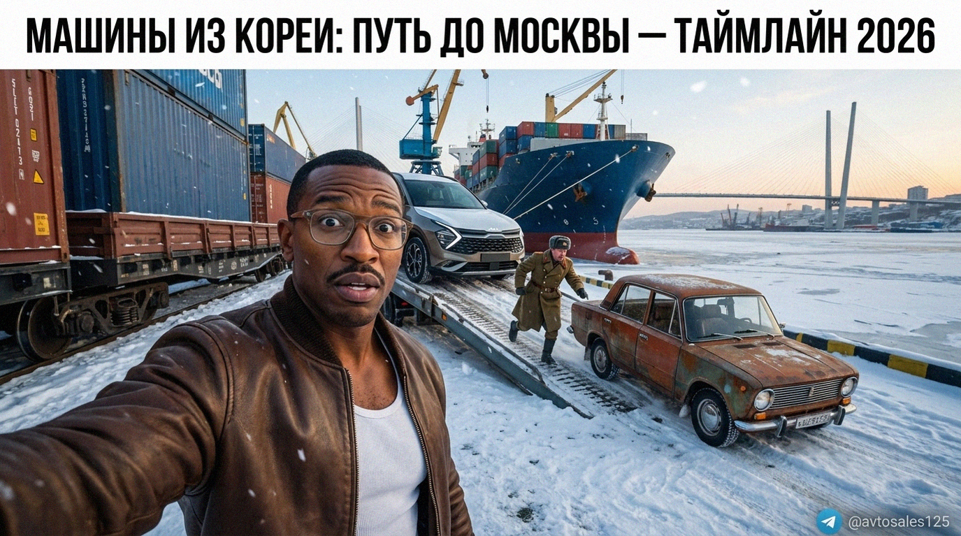 Инфографика с таймлайном и сроками доставки автомобилей из Южной Кореи в Москву в 2026 году