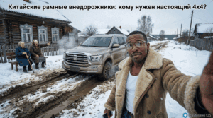 Современный китайский рамный внедорожник с полным приводом 4x4 преодолевает бездорожье