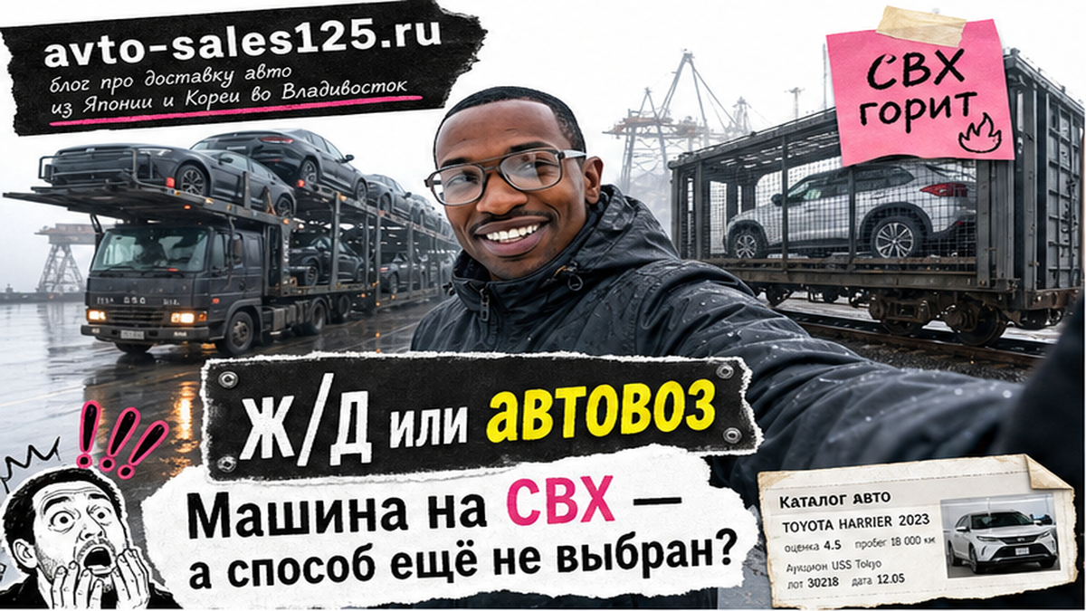 Порт Владивостока, автовоз и вагон с кроссовером, герой Авто-Сейлс, плашка ж/д или автовоз