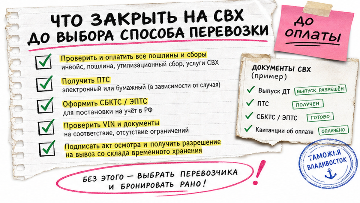 Чеклист: закрыть СВХ и акт до выбора перевозчика