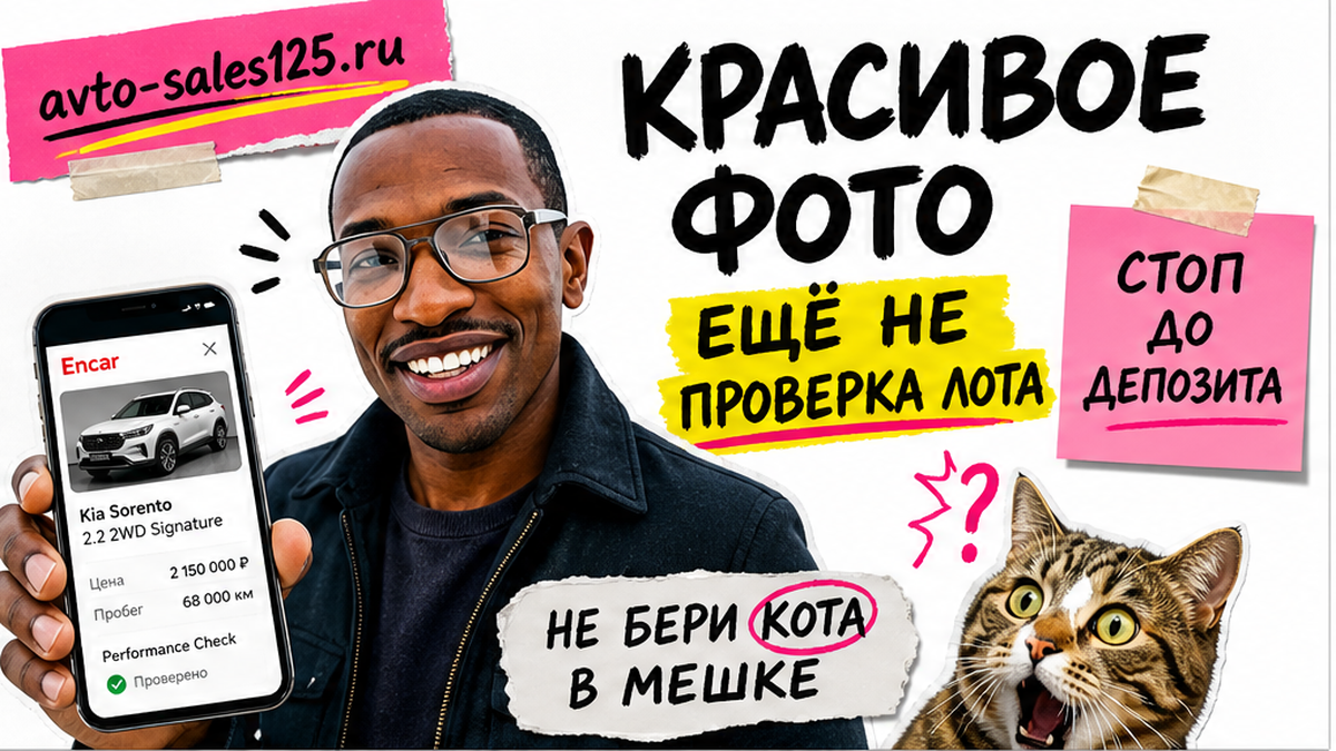 Герой Авто-Сейлс со смартфоном и карточкой Encar, ирония кот в мешке, Владивосток