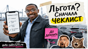 Герой Авто-Сейлс с чеклистом льготного утильсбора у документов, кроссовер и порт Владивостока