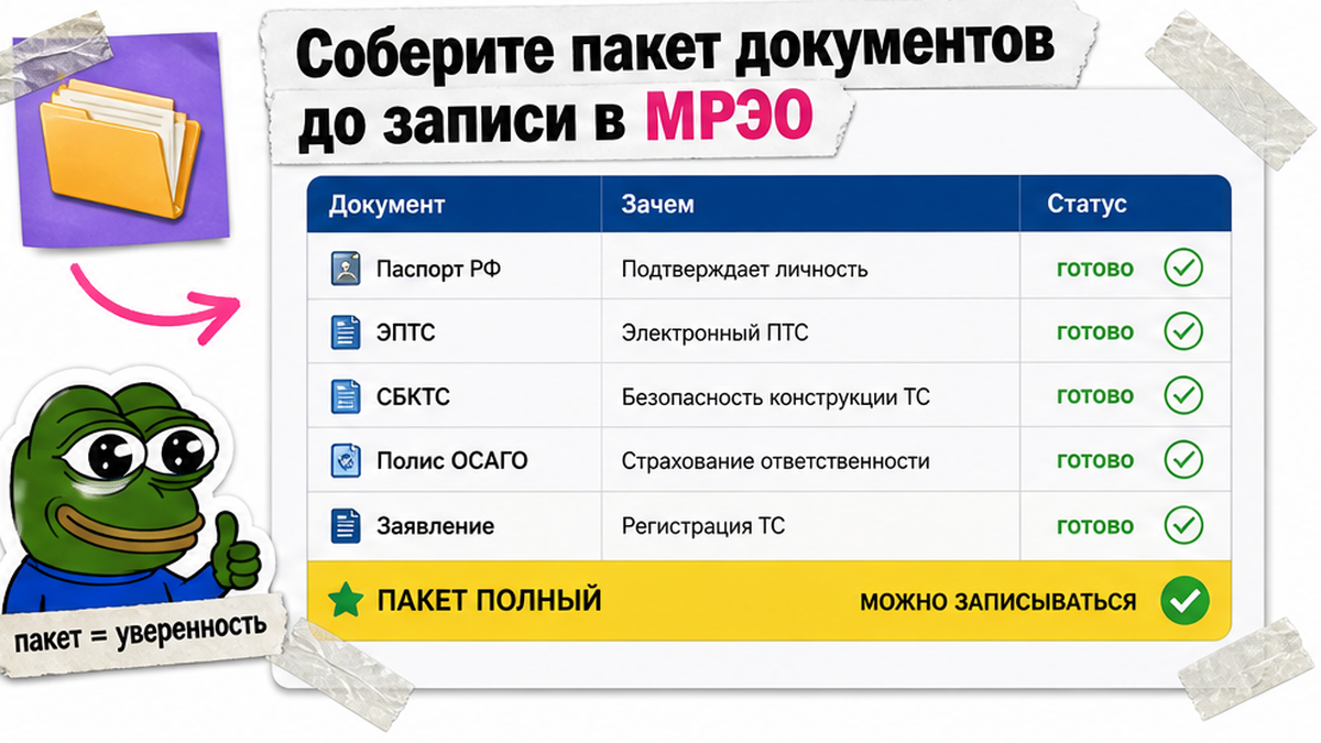 Таблица пакета документов: паспорт, ЭПТС, СБКТС, полис, заявление до записи в МРЭО