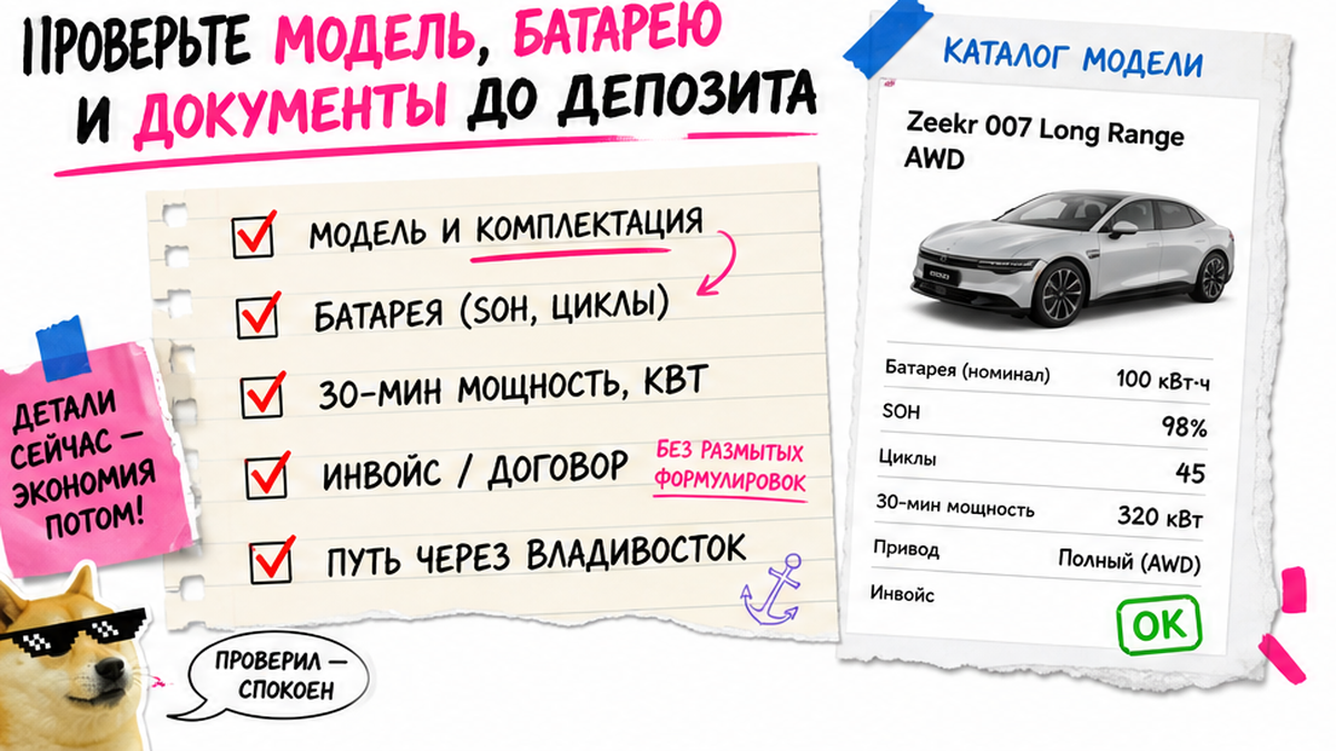 Чеклист до депозита: модель, батарея, мощность, документы, Владивосток