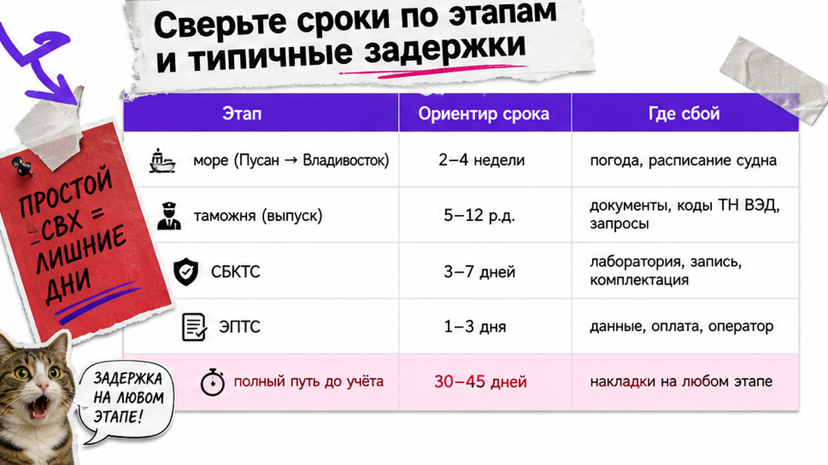 Таблица сроков растаможки по этапам и типичных задержек во Владивостоке