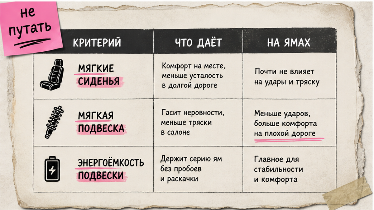 Таблица: кресла vs мягкий ход vs энергоёмкость подвески