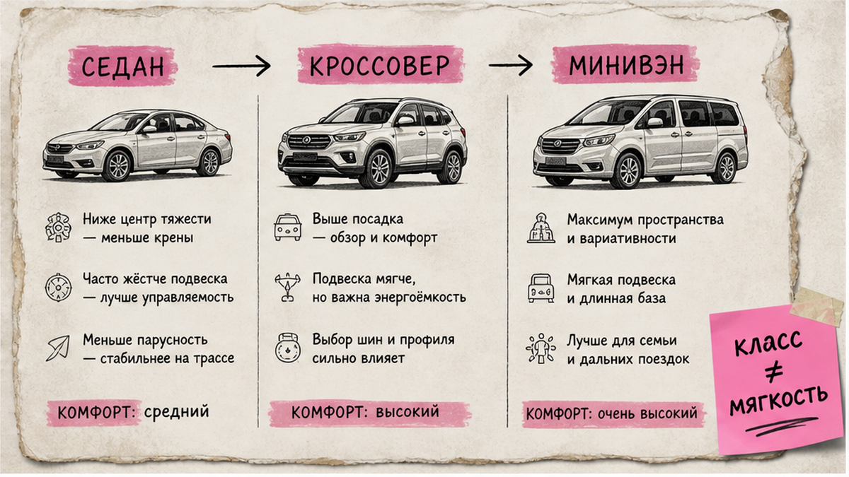Схема сравнения классов: седан, кроссовер, минивэн по комфорту