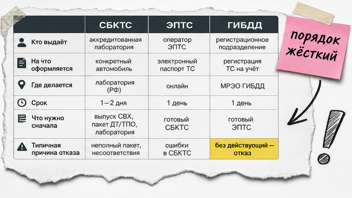 Таблица: СБКТС vs ЭПТС vs ГИБДД — что обязательно до учёта