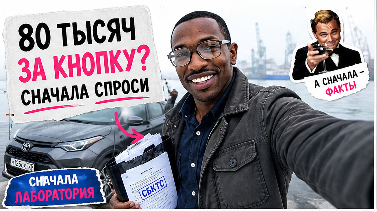Герой Авто-Сейлс у документов и кроссовера на фоне порта Владивостока, плашка СБКТС + ЭПТС