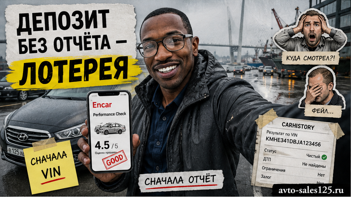 Герой Авто-Сейлс со смартфоном и отчётом проверки авто, плашка до депозита, Владивосток