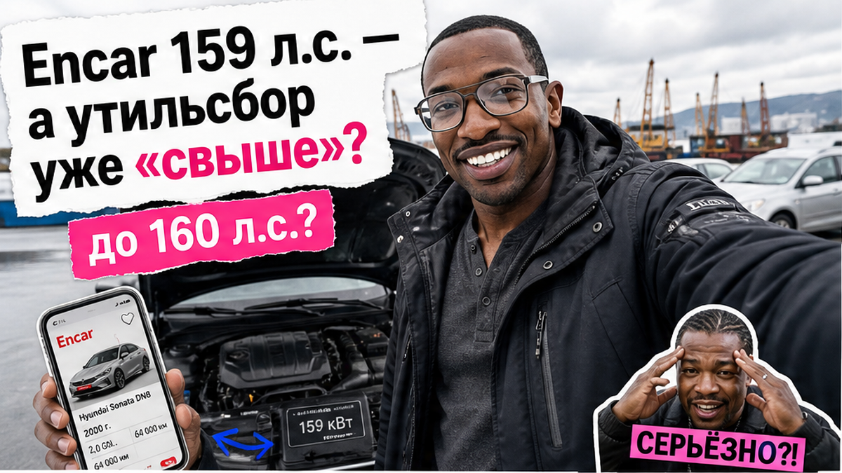 Герой у открытого капота с шильдиком мощности и смартфоном Encar, плашка до 160 л.с., Владивосток