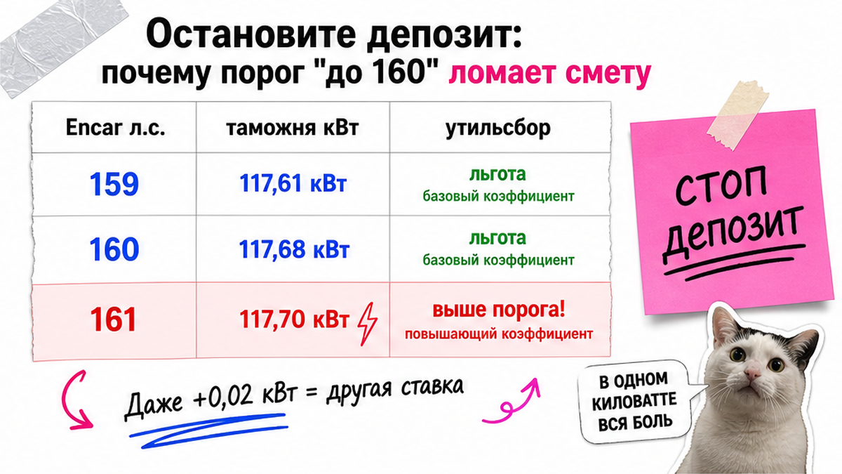 Таблица сравнения: Encar л.с. против кВт и порога утильсбора до депозита