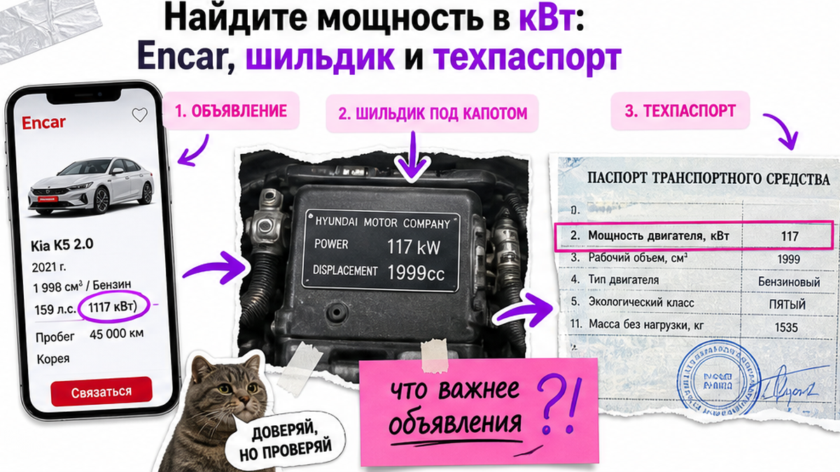 Скрин Encar, шильдик мощности в кВт и фрагмент техпаспорта для сверки