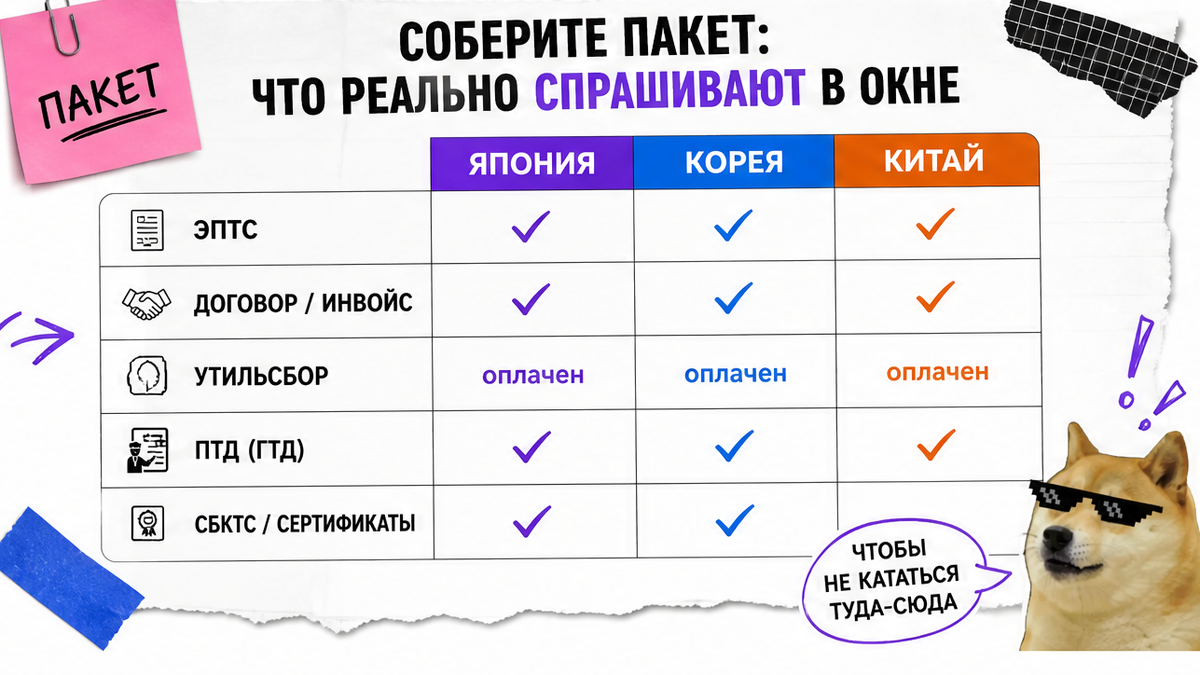 Таблица пакета документов для окна ГИБДД: Япония, Корея, Китай