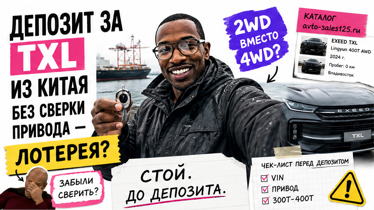 Герой Авто-Сейлс у кроссовера Exeed TXL на фоне дока Владивостока, плашка до депозита