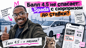 Герой Авто-Сейлс у семейного Honda Stepwgn у порта Владивостока, аукционный лист на смартфоне, плашка до ставки