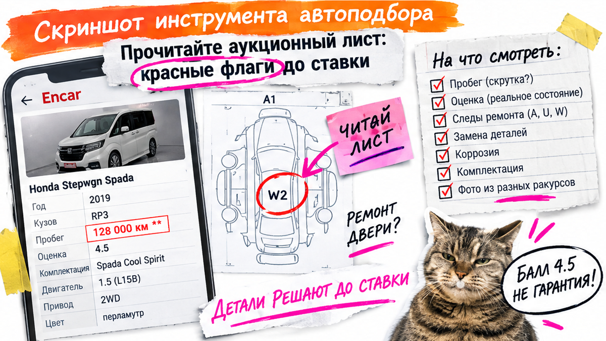 Скрин аукционного листа Stepwgn с красными флагами пробега и ремонта двери