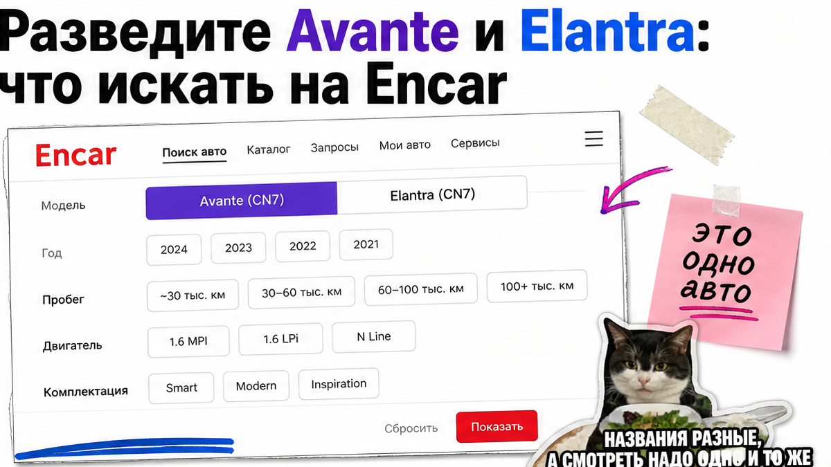 Мокап Encar: поиск Avante CN7 и пометка что Elantra — то же имя