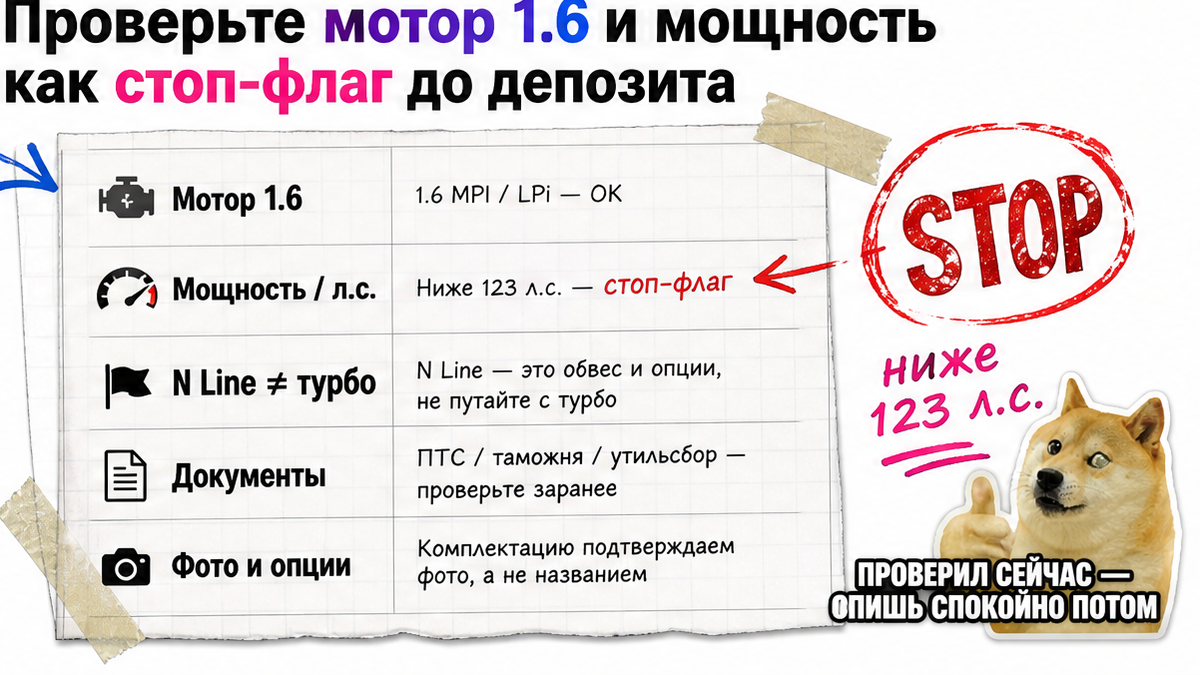 Чеклист стоп-флага: мотор 1.6 и мощность до депозита