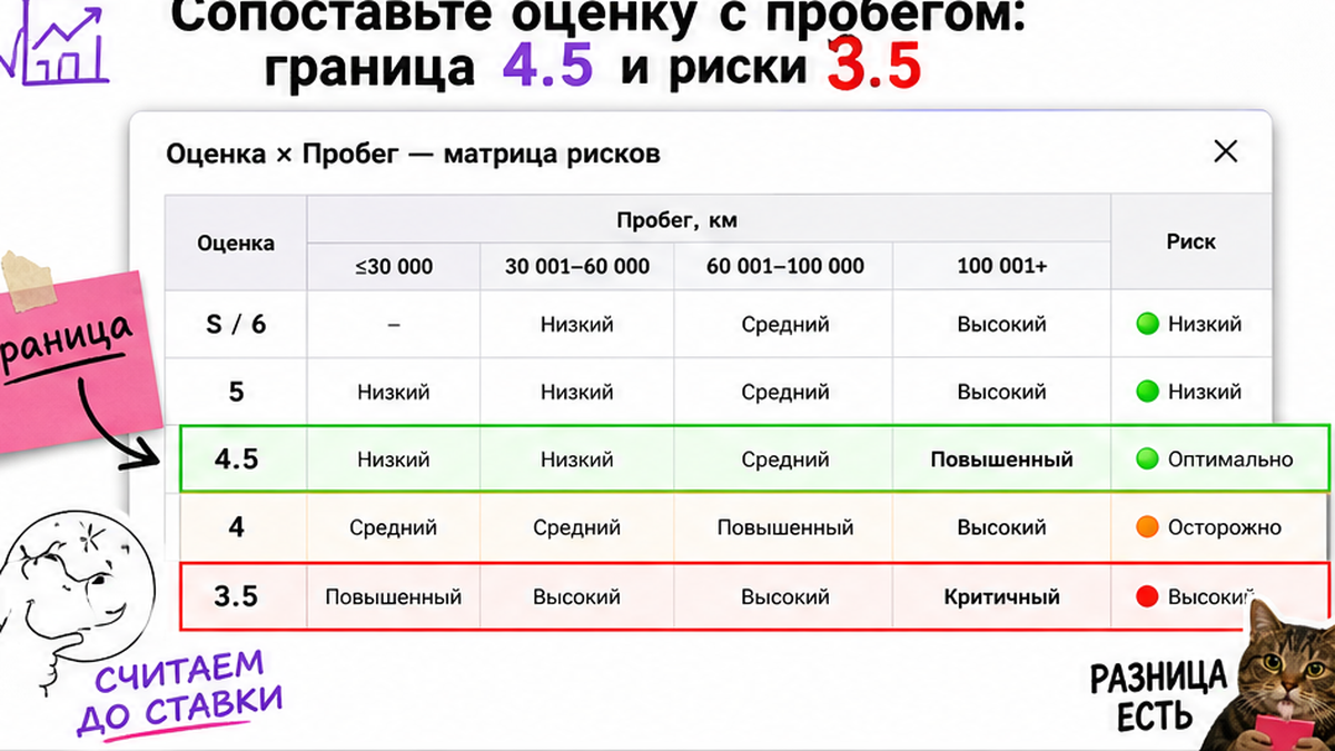 Таблица оценок аукциона: граница 4.5 и риски при 3.5 рядом с пробегом