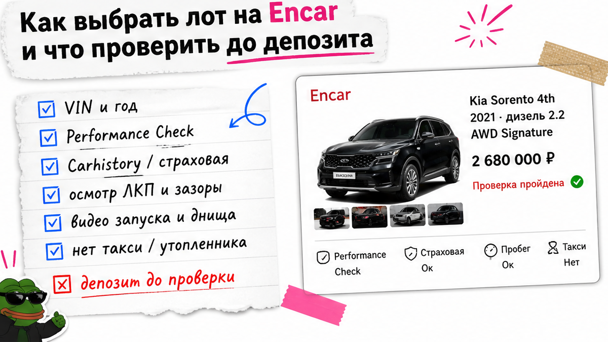 Чеклист проверки лота Encar до депозита: VIN, Performance Check, Carhistory, осмотр