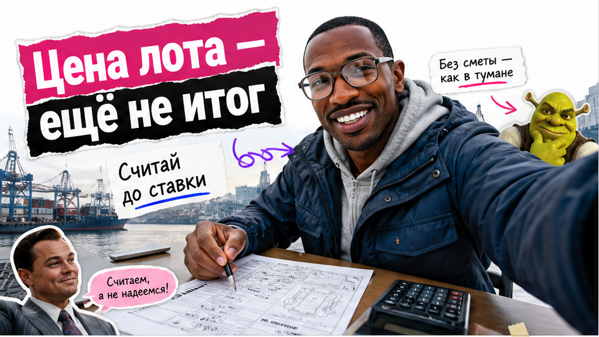 Стол с аукционным листом и калькулятором, порт Владивостока, герой Авто-Сейлс с плашкой считай до ставки