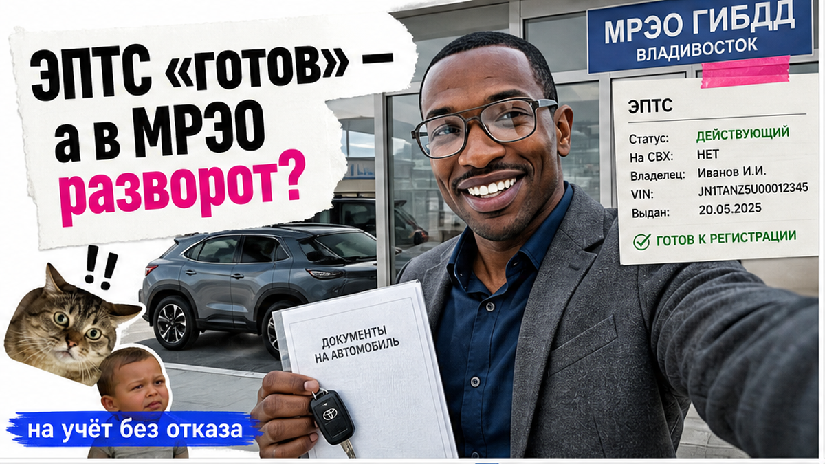 Герой Авто-Сейлс у окна МРЭО с папкой документов и ключами, кроссовер на фоне, плашка на учёт без отказа
