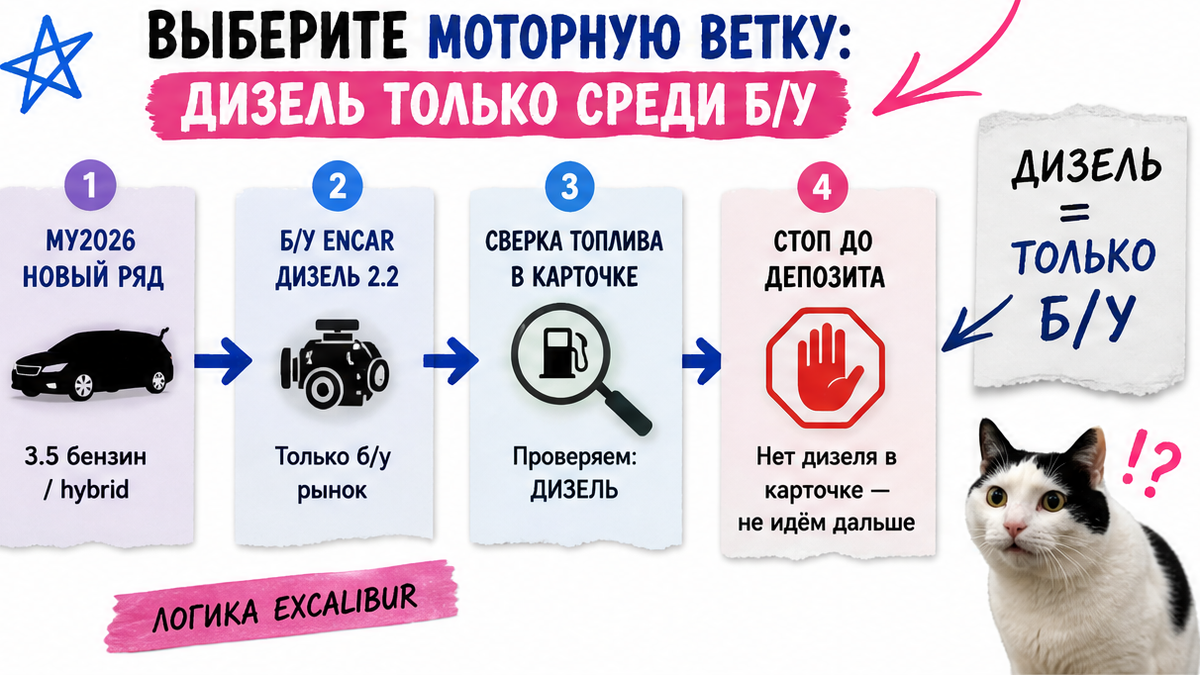 Схема выбора мотора Carnival: новый без дизеля, б/у дизель 2.2 на Encar