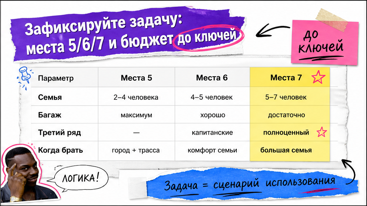 Таблица мест 5/6/7 Kia Mohave: семья, багаж и бюджет до ключей