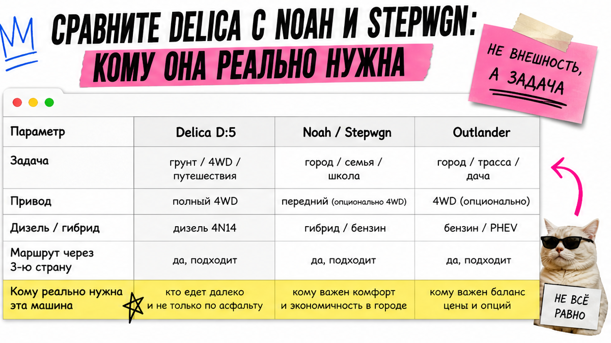 Таблица: Delica D:5 vs Noah/Stepwgn vs Outlander — кому нужен минивэн-внедорожник