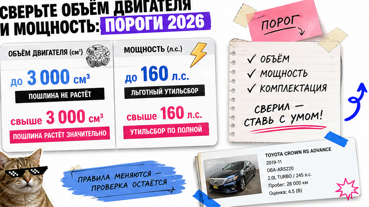 Инфографика порогов 2026: объём двигателя и мощность до 160 л.с.