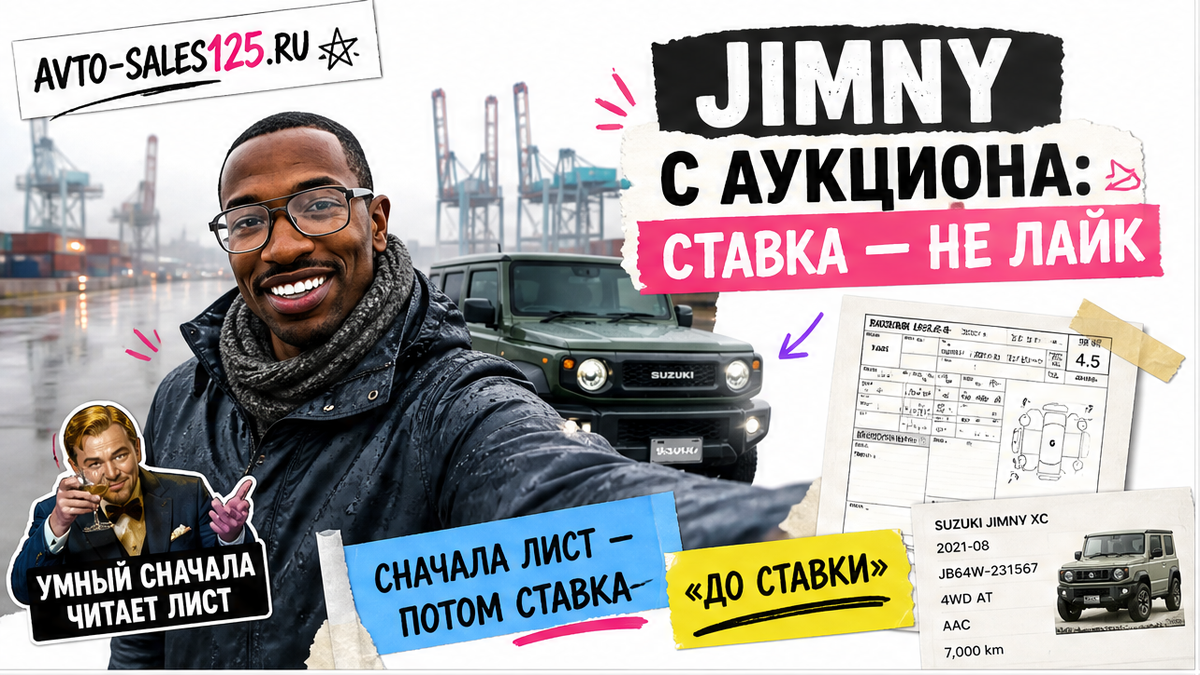 Компактный Suzuki Jimny у прибрежной дороги Владивостока, герой Авто-Сейлс, плашка до ставки