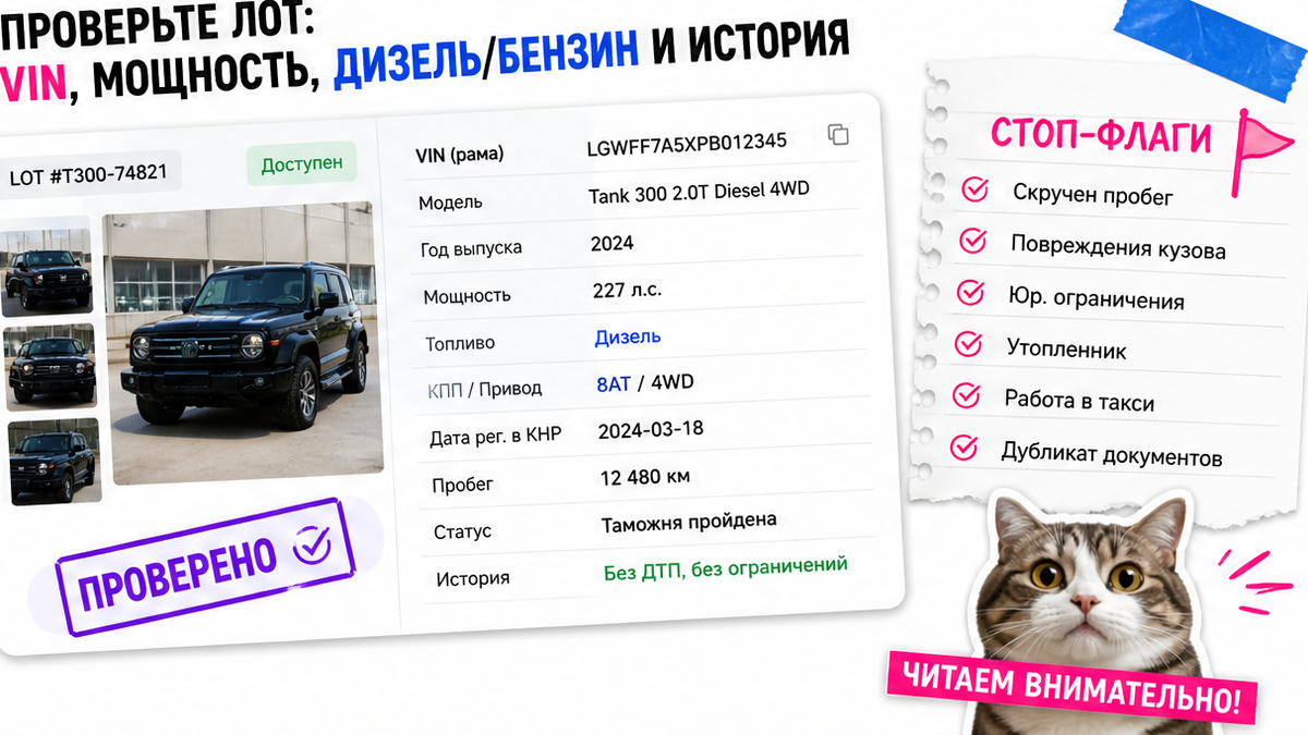 Карточка лота: VIN, мощность, топливо, дата регистрации в КНР