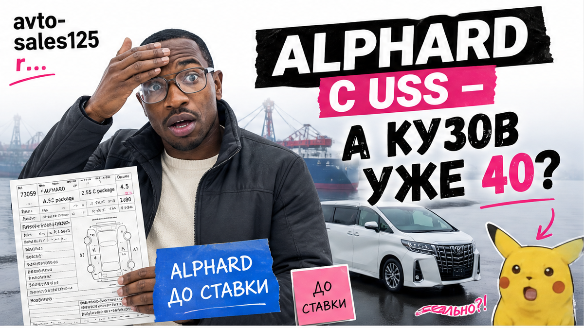 Герой Авто-Сейлс у минивэна у порта Владивостока, плашка Alphard до ставки, угол каталога