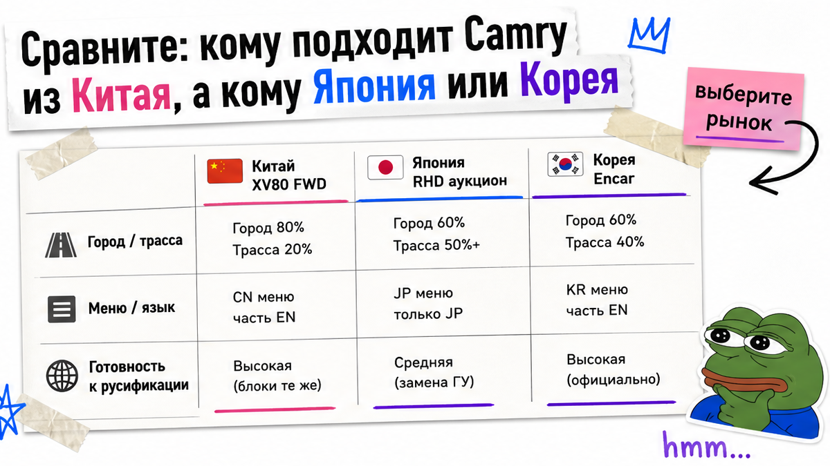 Сравнительная таблица: Camry из Китая vs Япония vs Корея