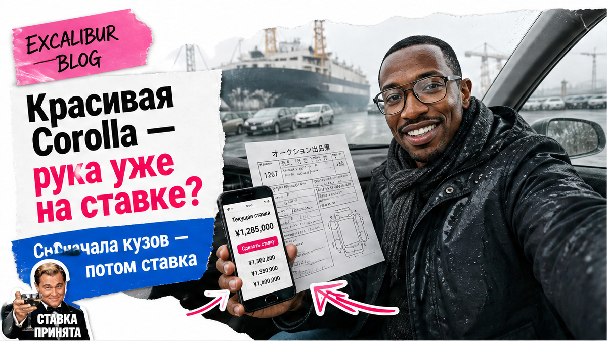 Герой Авто-Сейлс у правого руля Toyota Corolla с аукционным листом, порт Владивостока, плашка до ставки
