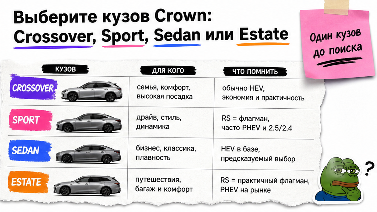Таблица сравнения кузовов Toyota Crown: Crossover, Sport, Sedan, Estate