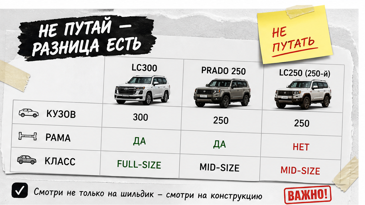 Таблица сравнения Land Cruiser 300, Prado и LC250 по коду кузова и классу