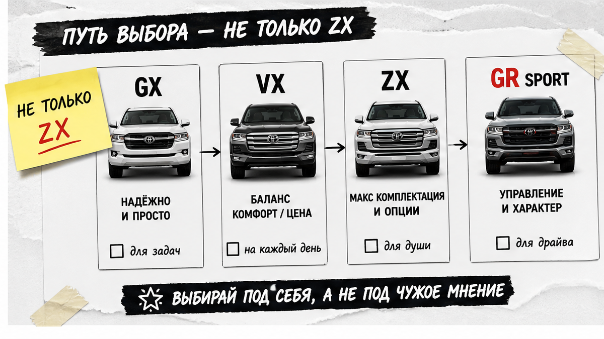 Схема выбора комплектаций GX, VX, ZX и GR Sport для LC300